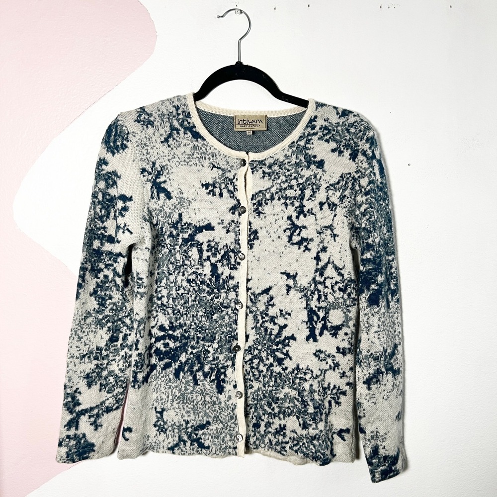 Intiwara Baby Alpaca Cardigan Sweater Womens Medium Blue Abstract Knit Bolivia